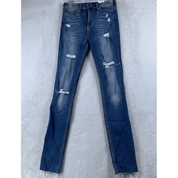 Hollister Super Skinny Jeans Womens Size 5L Ultra High Rise Distressed Blue - Picture 1 of 12